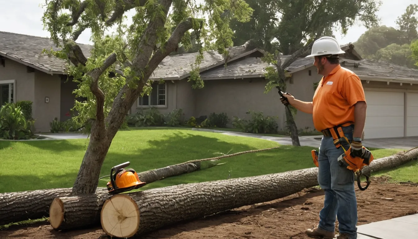 A fallen tree resting across a backyard fence behind a stucco ranch home in Sacramento